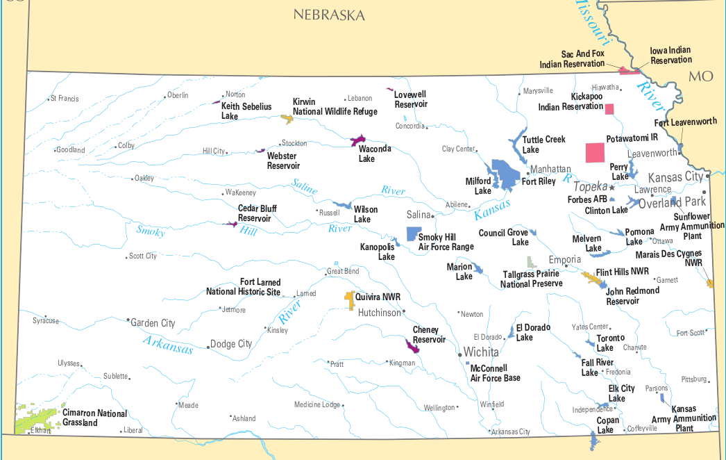 Map of Kansas showing the 4 reservations